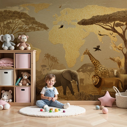 Golden safari world map wall mural by Kids-Mundo styled in a warm-toned nursery