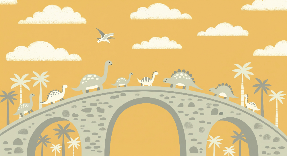 Flat artwork of the Kids-Mundo dinosaur and pterodactyl golden sky stone bridge wall mural