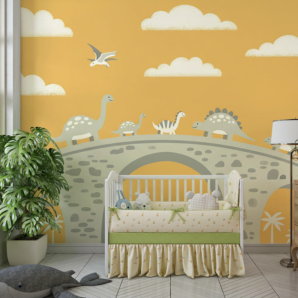 Kids-Mundo golden sky dinosaur mural covering a playroom wall with toy baskets