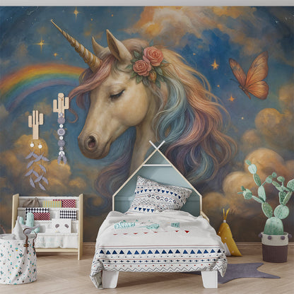 Kids-Mundo golden unicorn fantasy wallpaper mural brightening a colourful children's playroom