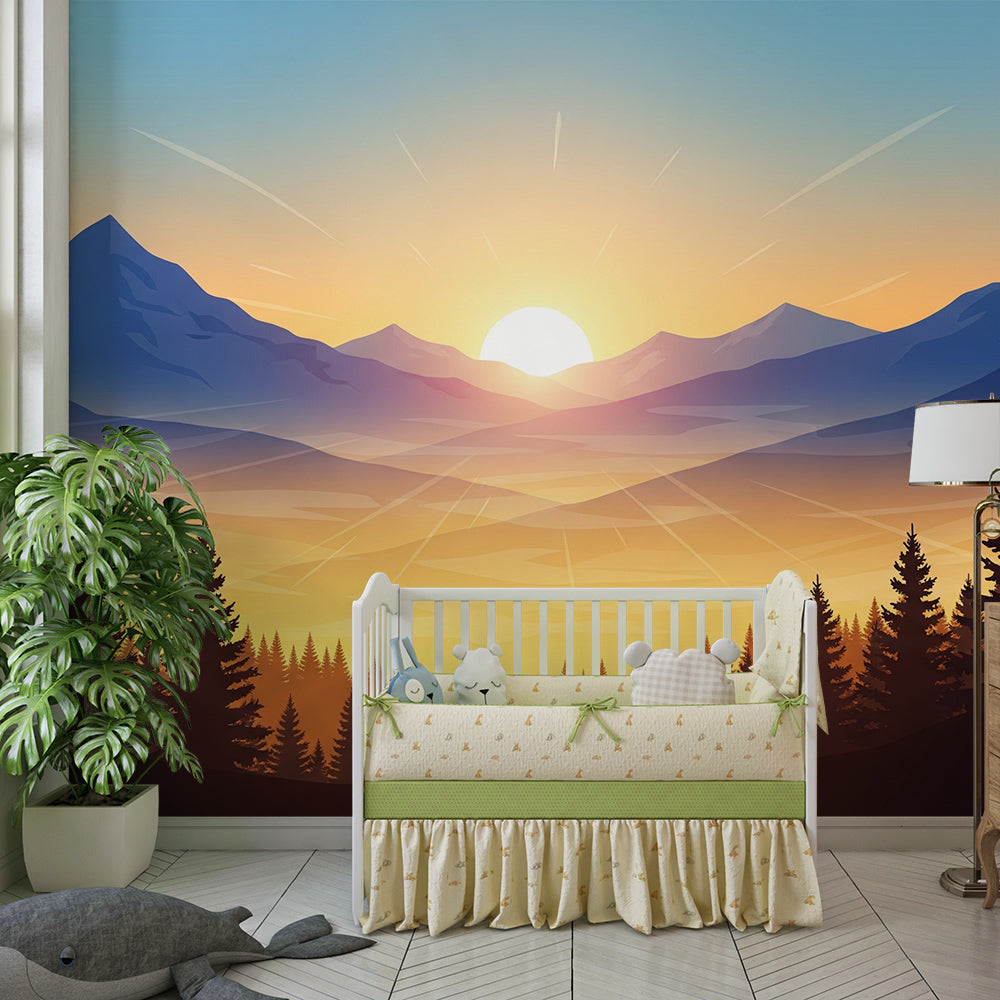 Kids-Mundo sunrise mountain landscape mural covering a feature wall in a child's bedroom