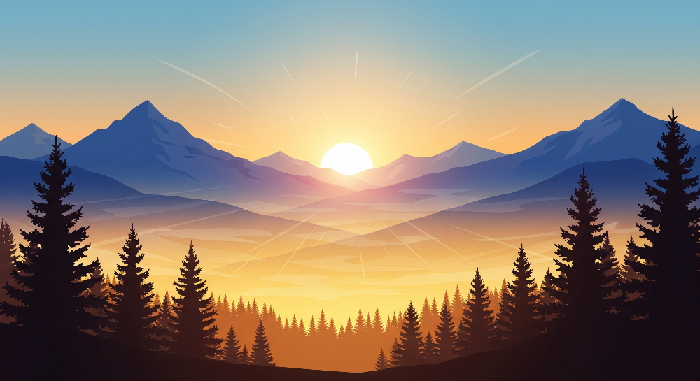 Kids-Mundo flat illustration of a golden sunrise rising between blue mountains and pine trees