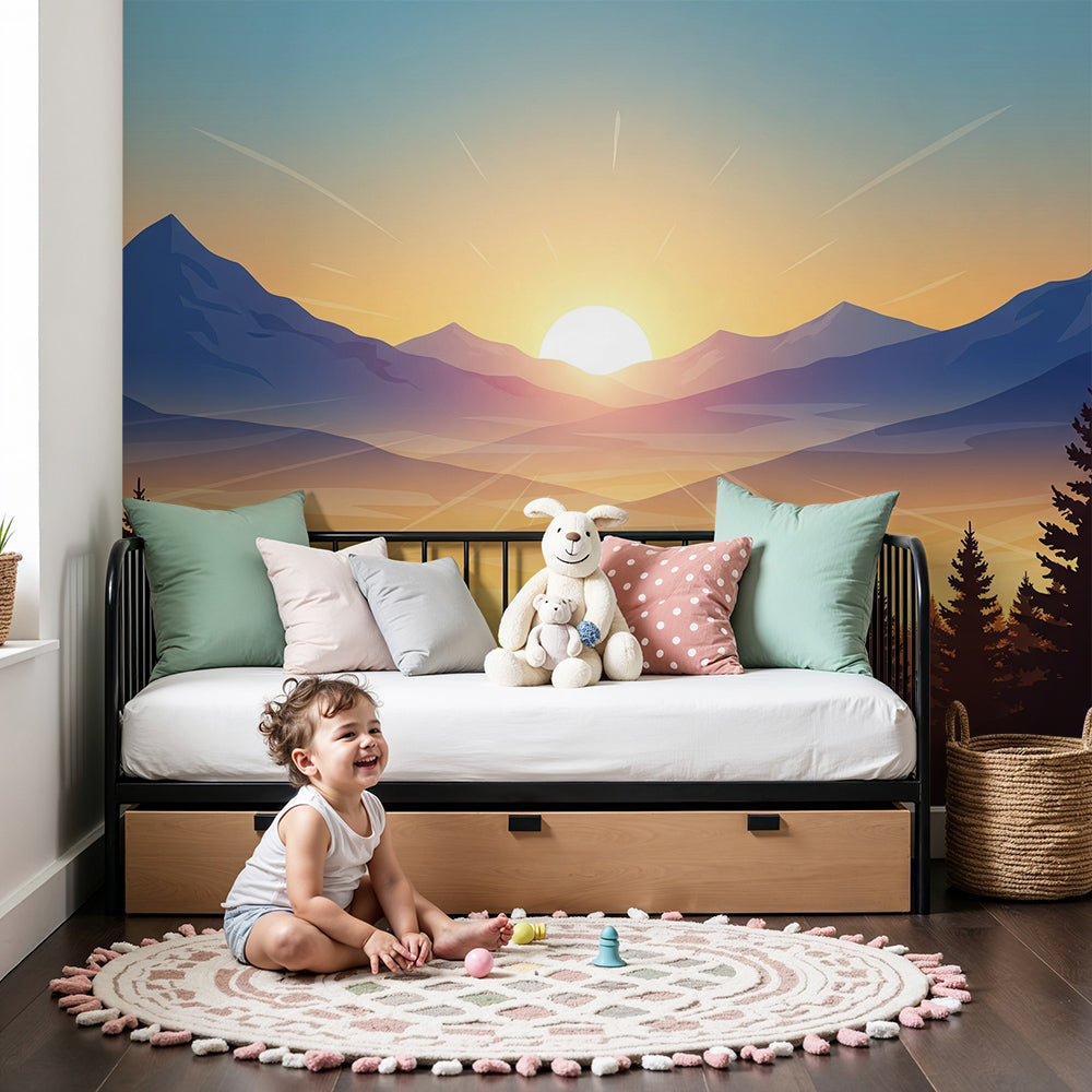 Kids-Mundo golden sunrise mountain wall mural behind a cot in a warm, sunlit nursery