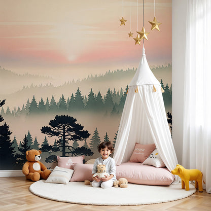 Kids-Mundo sunrise forest wall mural behind a single bed in a soft green kids bedroom