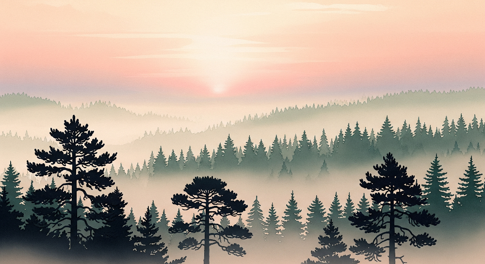Kids-Mundo golden sunrise pine forest wall mural flat artwork showing layered silhouette trees