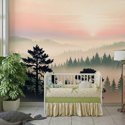 Kids-Mundo pine forest wall mural as a calming feature wall in a family playroom