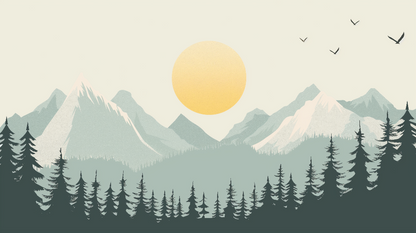 Kids-Mundo flat artwork of a golden sun over layered teal mountains and pine trees.
