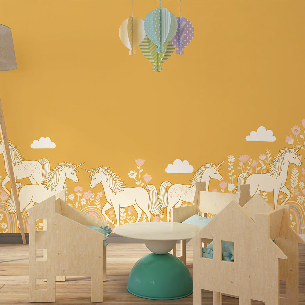 Kids-Mundo golden meadow unicorn wall mural brightening a children's playroom corner