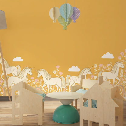 Kids-Mundo golden meadow unicorn wall mural brightening a children's playroom corner