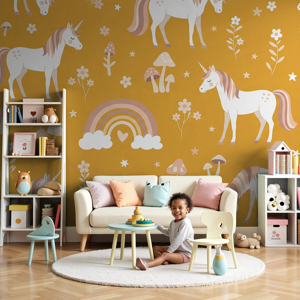 Kids-Mundo golden meadow unicorn and mushroom mural on a girls bedroom wall
