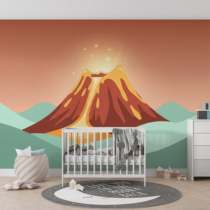 Kids-Mundo volcano wall mural with rolling hills styled on a kids bedroom wall