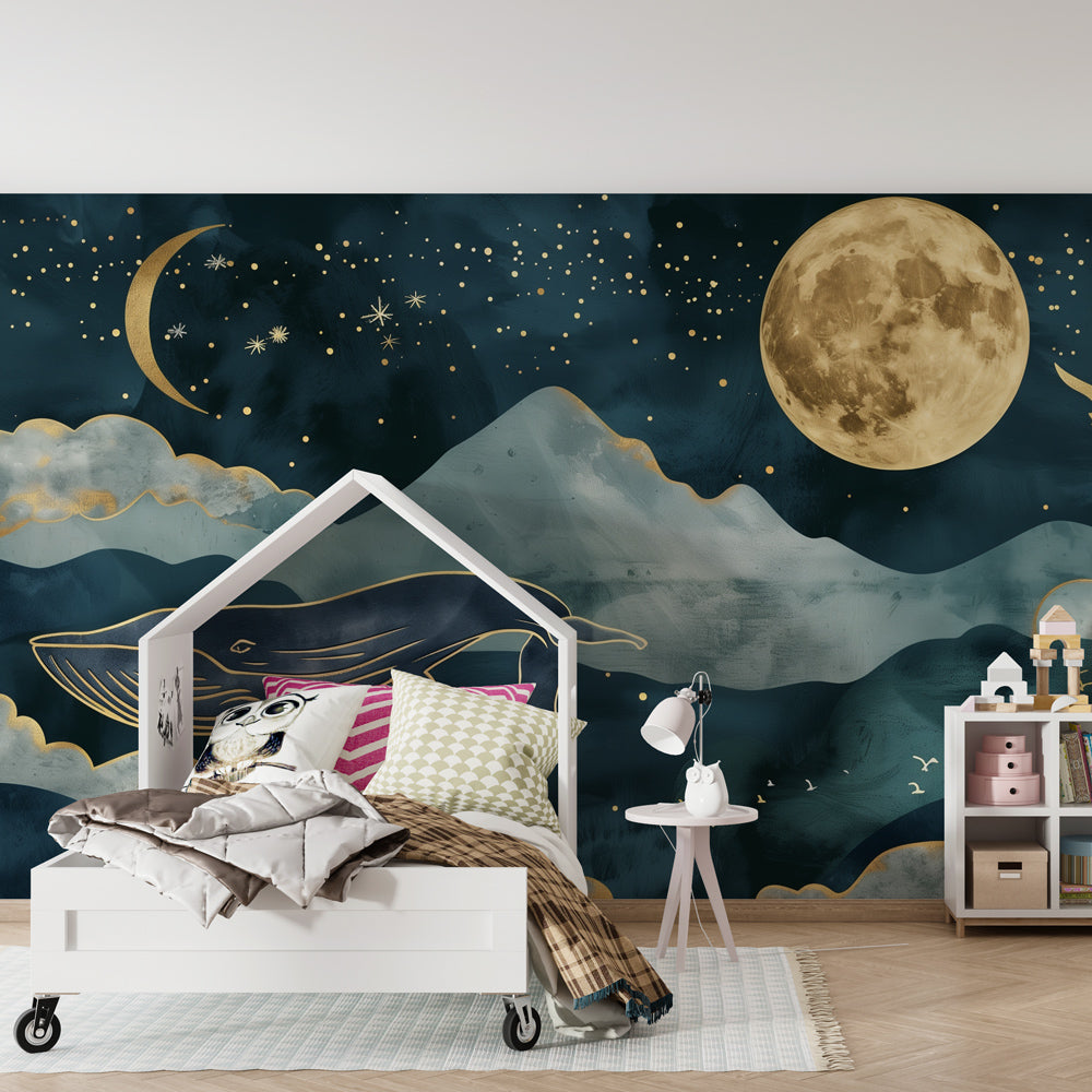 Blue and gold whale themed mural wallpaper transforming children's bedroom into underwater paradise