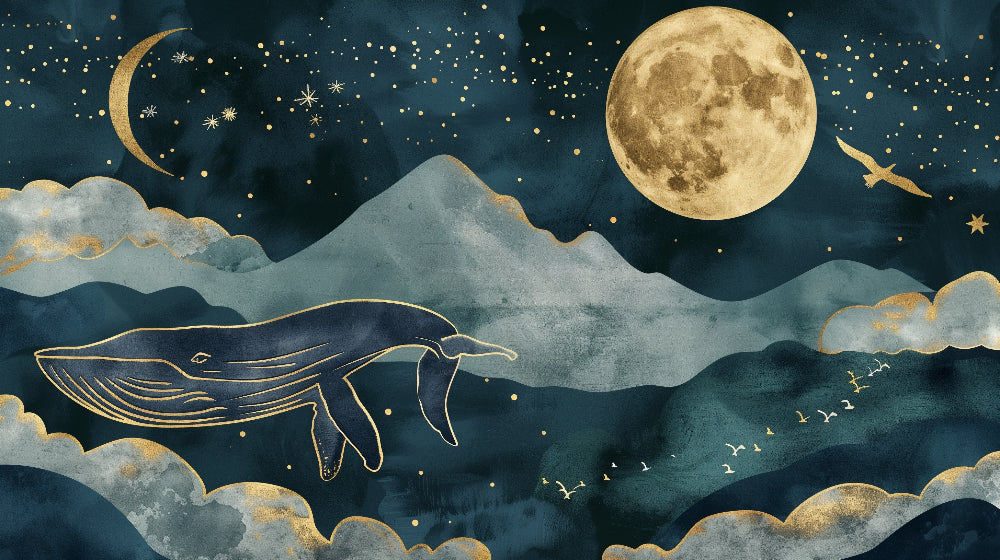 Detailed golden whale under moon mural wallpaper design pattern with deep blue celestial elements by Kids-Mundo