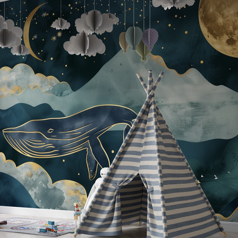 Celestial whale mural wallpaper with moon and stars creating dreamy kids room decor by Kids-Mundo