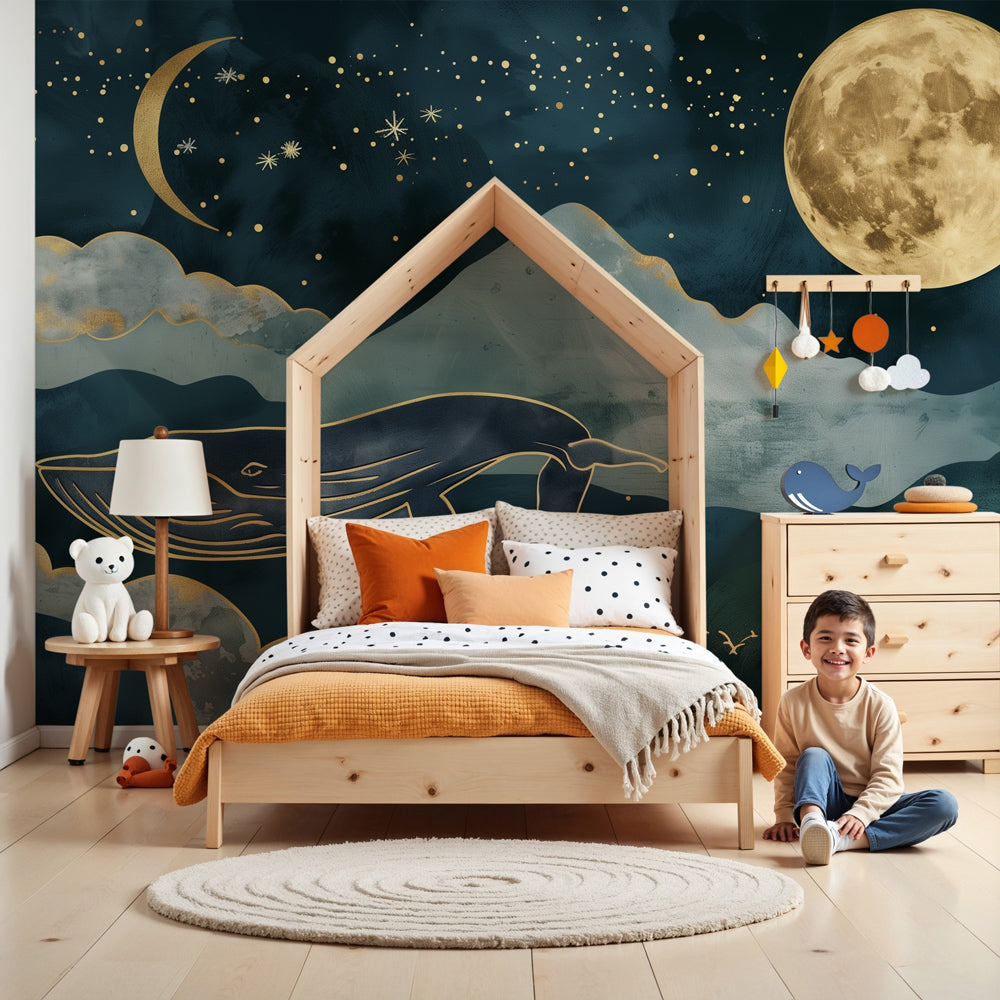 Kids-Mundo golden whale wall mural with moon and stars styled above a cot in a nursery