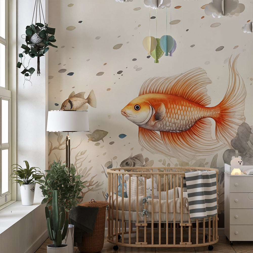 Kids-Mundo goldfish wallpaper mural styled in a playroom with soft seating