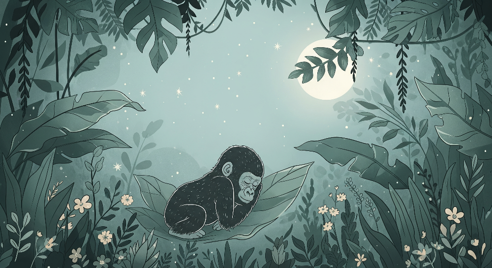 Kids-Mundo flat artwork of a baby gorilla asleep under the moon in a starry jungle