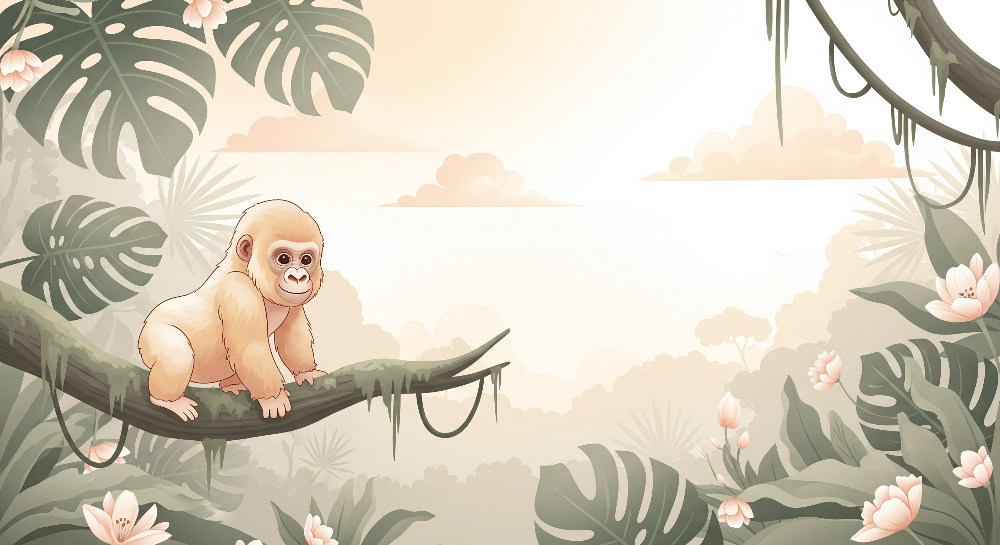 Kids-Mundo flat artwork of a baby gorilla on a branch at sunrise with pink blossoms