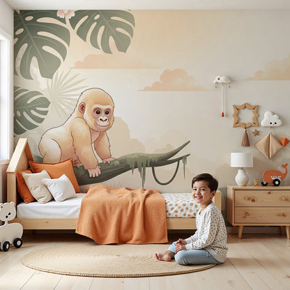 Kids-Mundo baby gorilla sunset wall mural styled in a warm peach and cream nursery