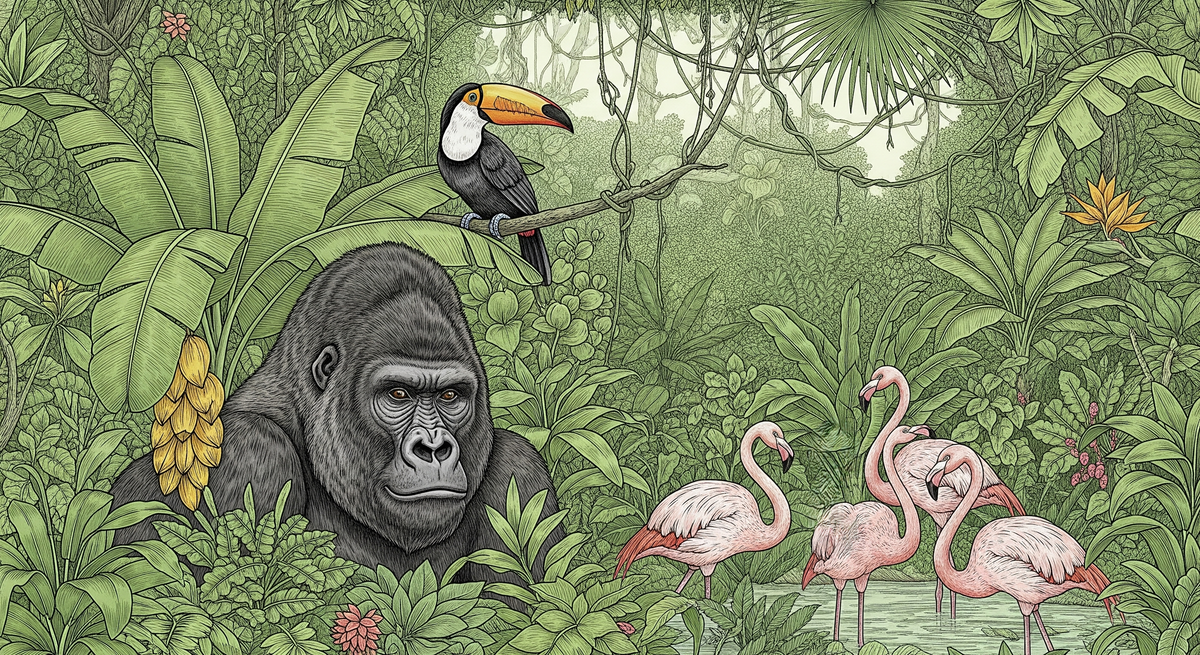 Gorilla, Toucan and Flamingos Jungle Wall Mural