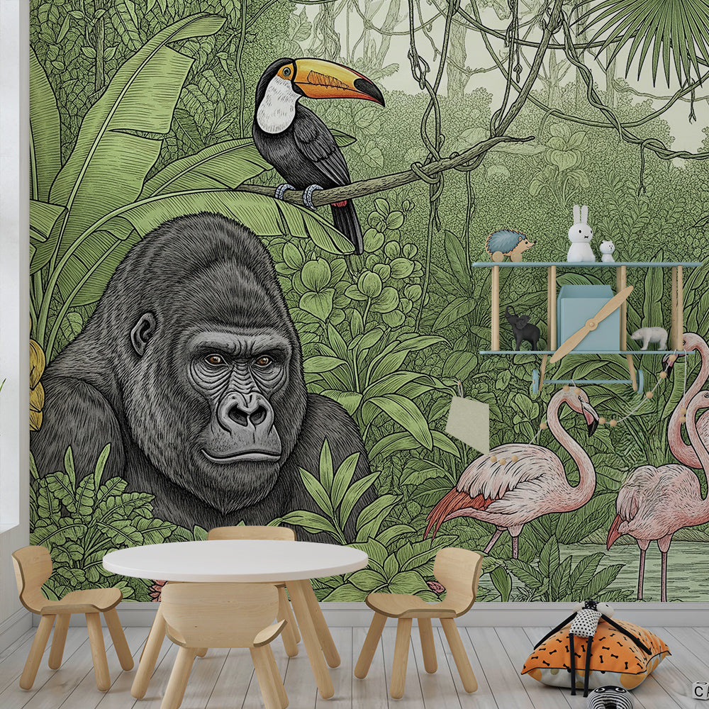 Kids-Mundo gorilla and flamingo jungle mural in a playroom, dense green foliage behind play furniture.