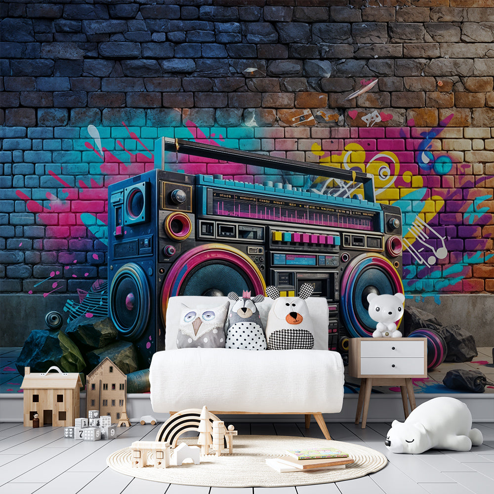 Kids-Mundo graffiti street art mural with a boombox covering a feature wall in a teen bedroom