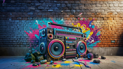 Kids-Mundo flat artwork of a retro boombox on a brick wall splashed with colourful graffiti paint