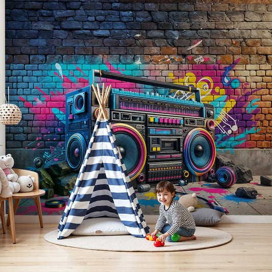 Kids-Mundo graffiti boombox wall mural styled behind a bed in a bold urban-themed kids' bedroom