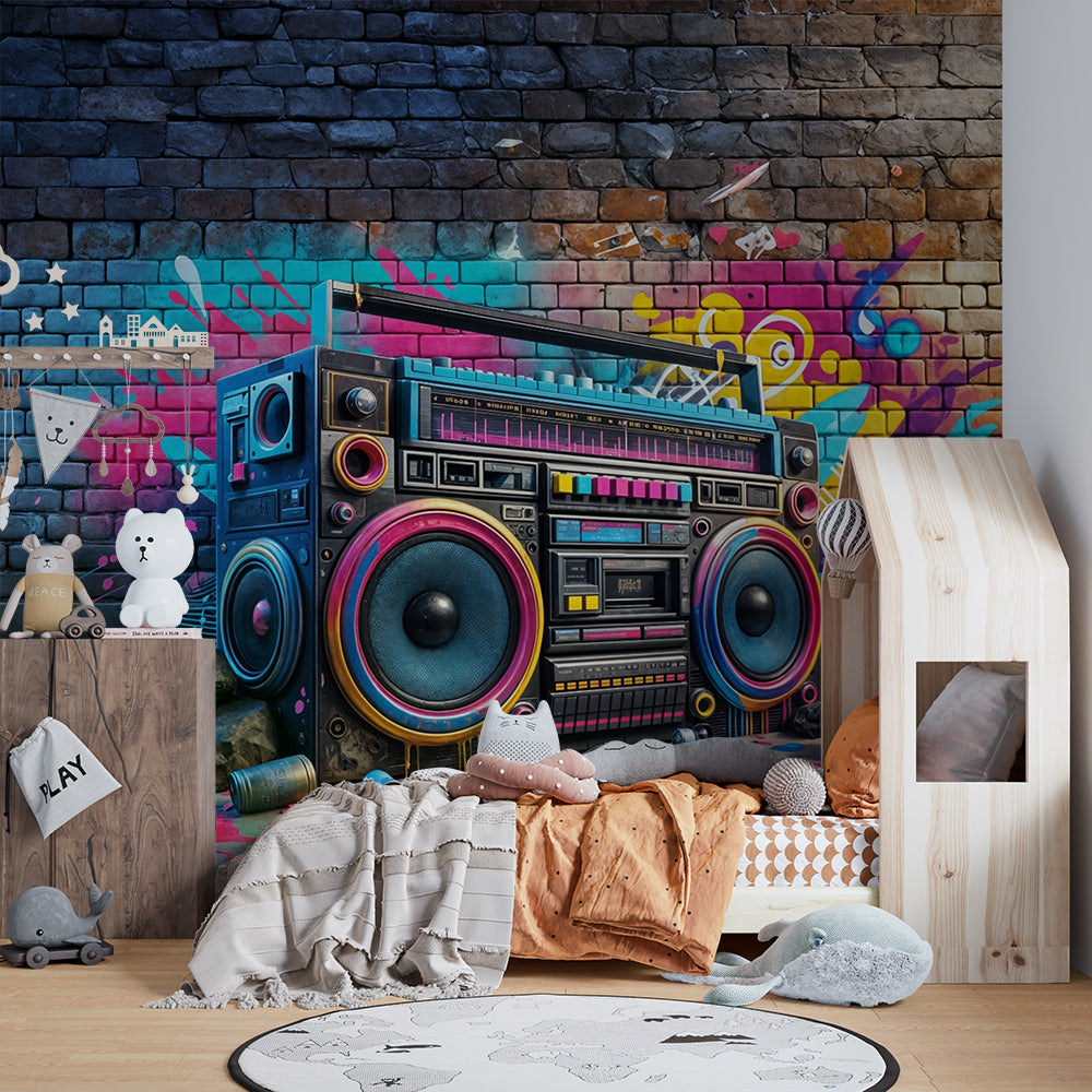 Kids-Mundo graffiti boombox wall mural bringing urban energy to a children's playroom