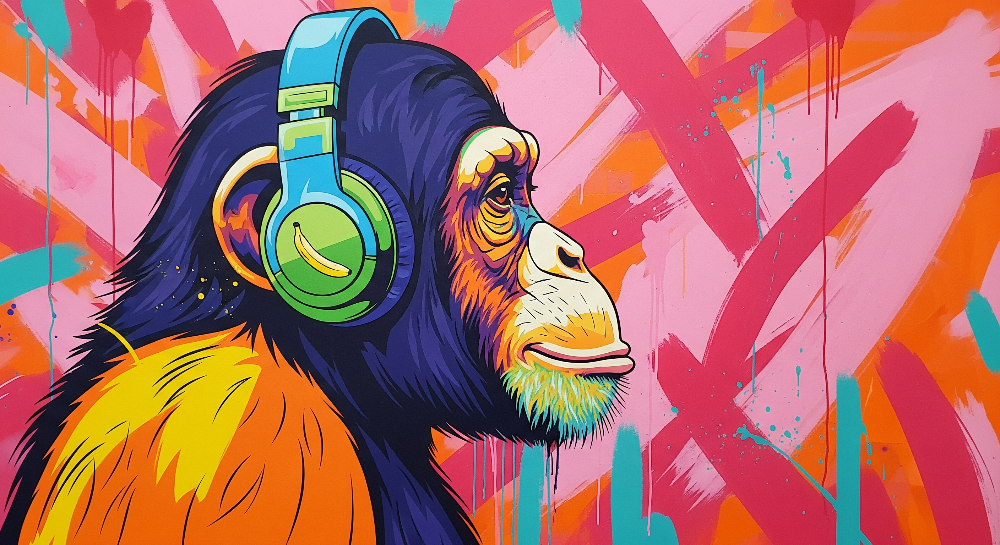 Kids-Mundo flat artwork of a graffiti-style monkey wearing headphones mural design
