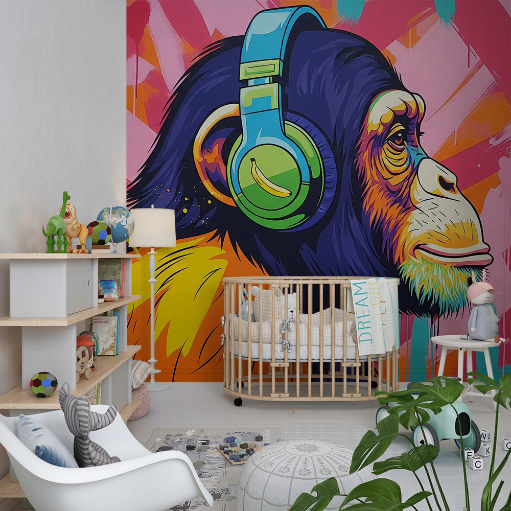 Kids-Mundo bold graffiti monkey wall mural bringing energy to a kids' playroom