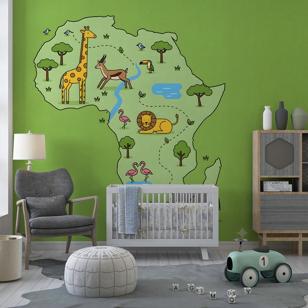 Kids-Mundo green safari animals mural with giraffe and lion in a children's playroom