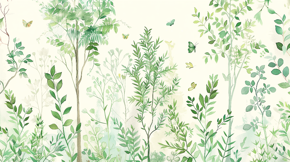 Green Botanical Ferns and Butterflies Wall Mural