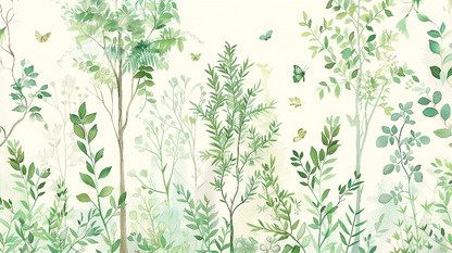 Flat artwork of the Kids-Mundo green botanical fern and butterfly wall mural design.