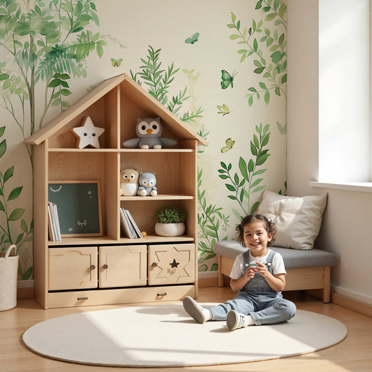 Kids-Mundo green botanical fern wall mural styled softly in a calm, airy baby nursery.