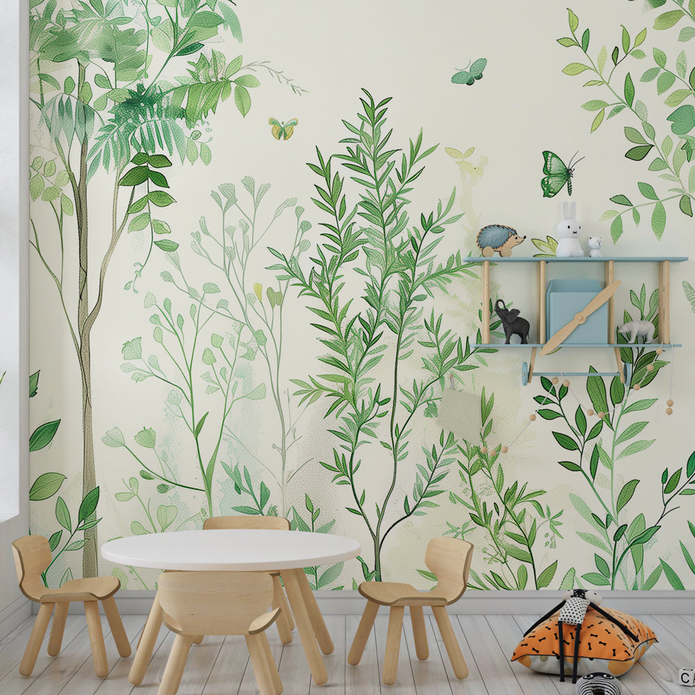 Kids-Mundo green fern wall mural bringing a fresh, natural feel to a children's playroom.