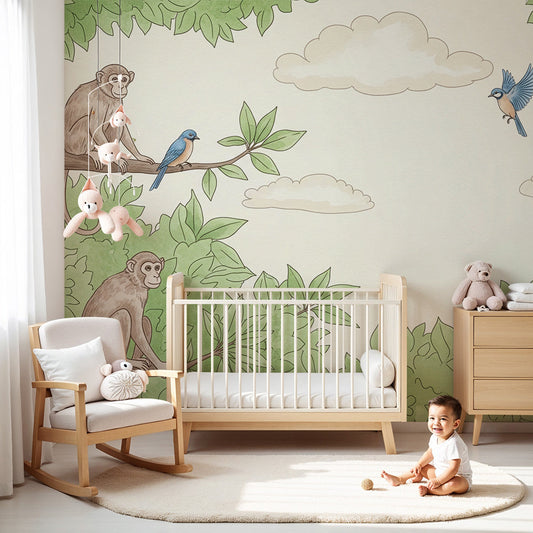 Kids-Mundo green jungle wall mural with playful monkeys printed made to measure in a nursery.