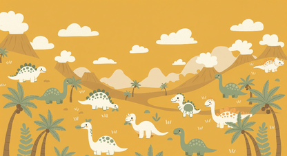 Flat artwork of the Kids-Mundo green dinosaur volcano valley wall mural design in mustard and sage
