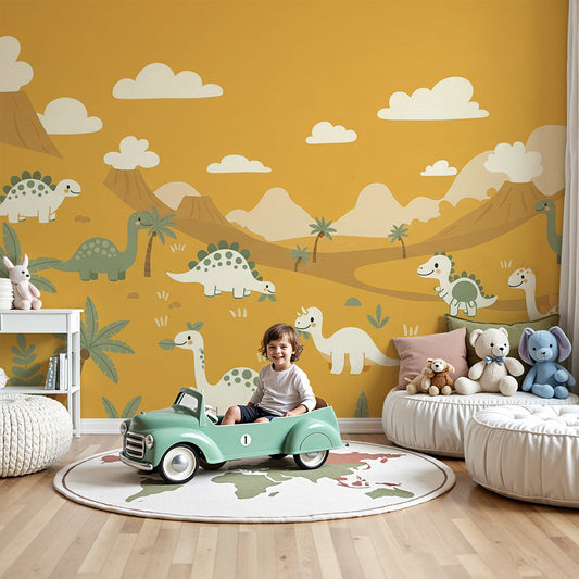 Kids-Mundo green dinosaur volcano valley wall mural styled behind a cot in a warm nursery