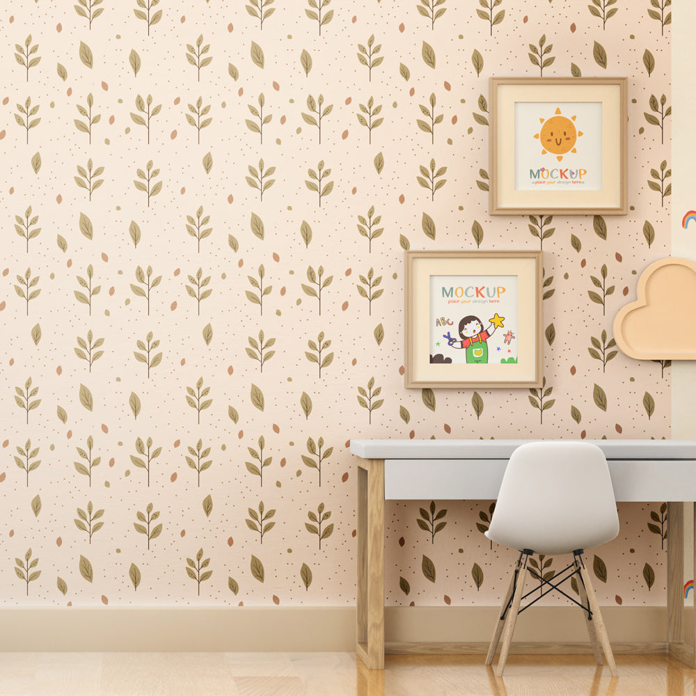 Close-up view of botanical green leaves mural wallpaper showing cream background detail