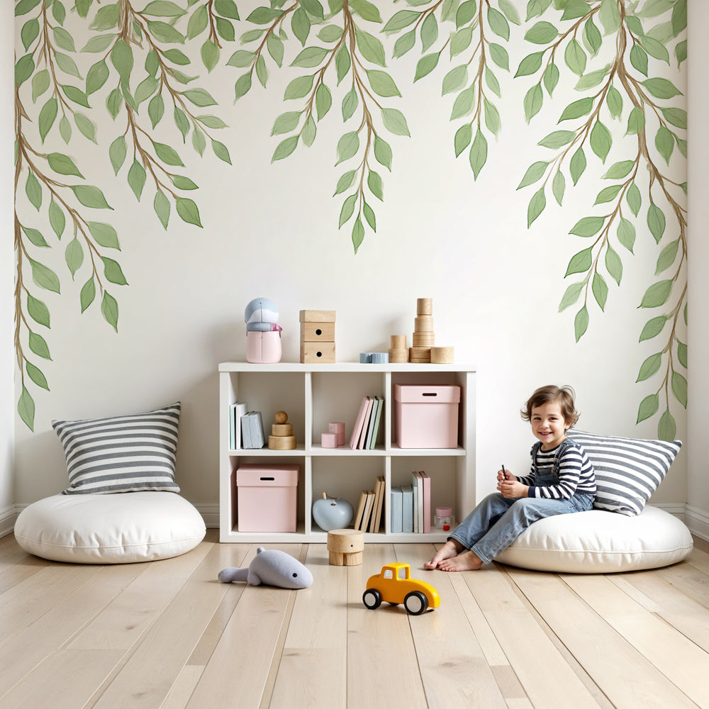 Green leaves mural wallpaper creating peaceful nursery decor with natural botanical design by Kids-Mundo
