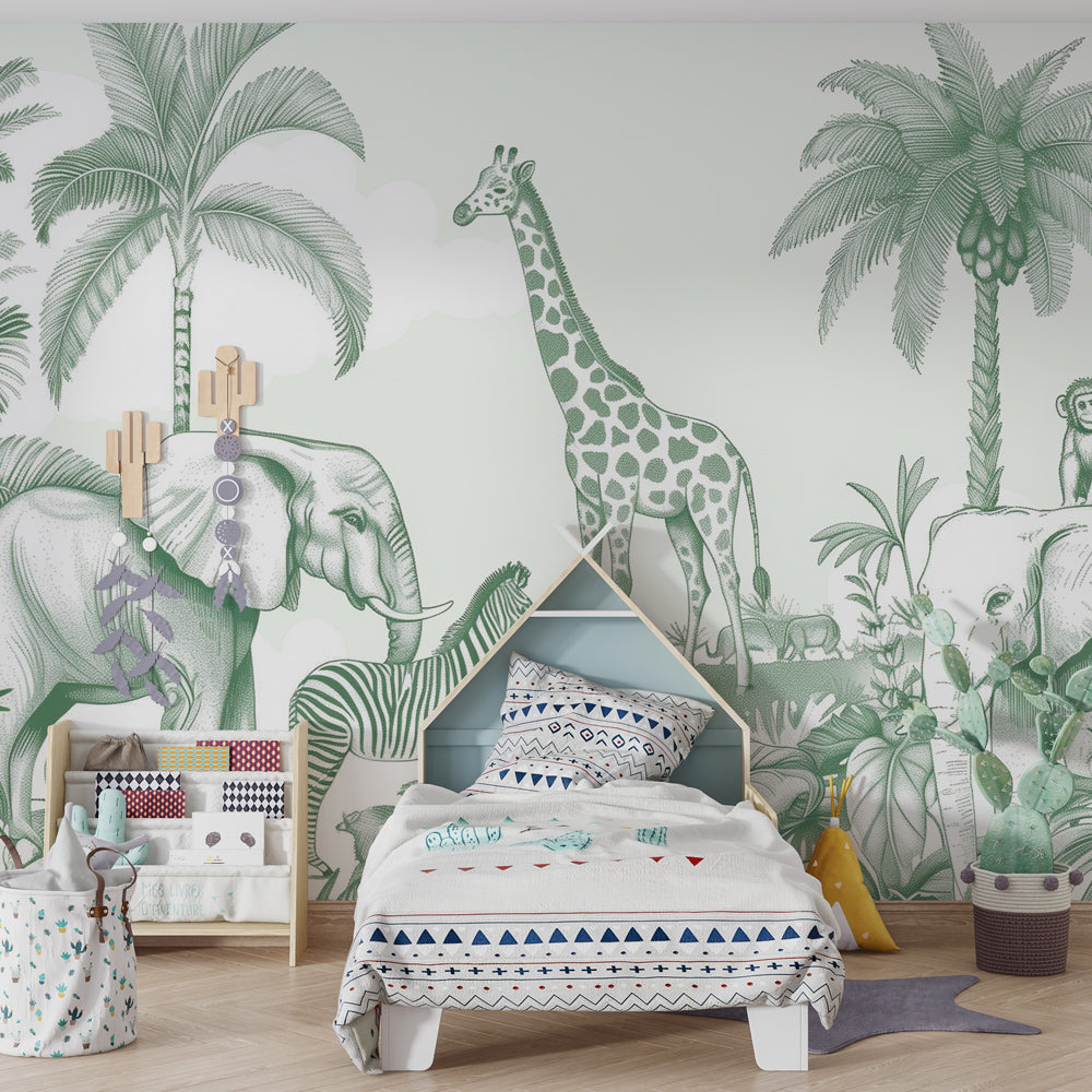 Kids-Mundo green line-art safari wall mural as a feature wall in a shared kids bedroom.