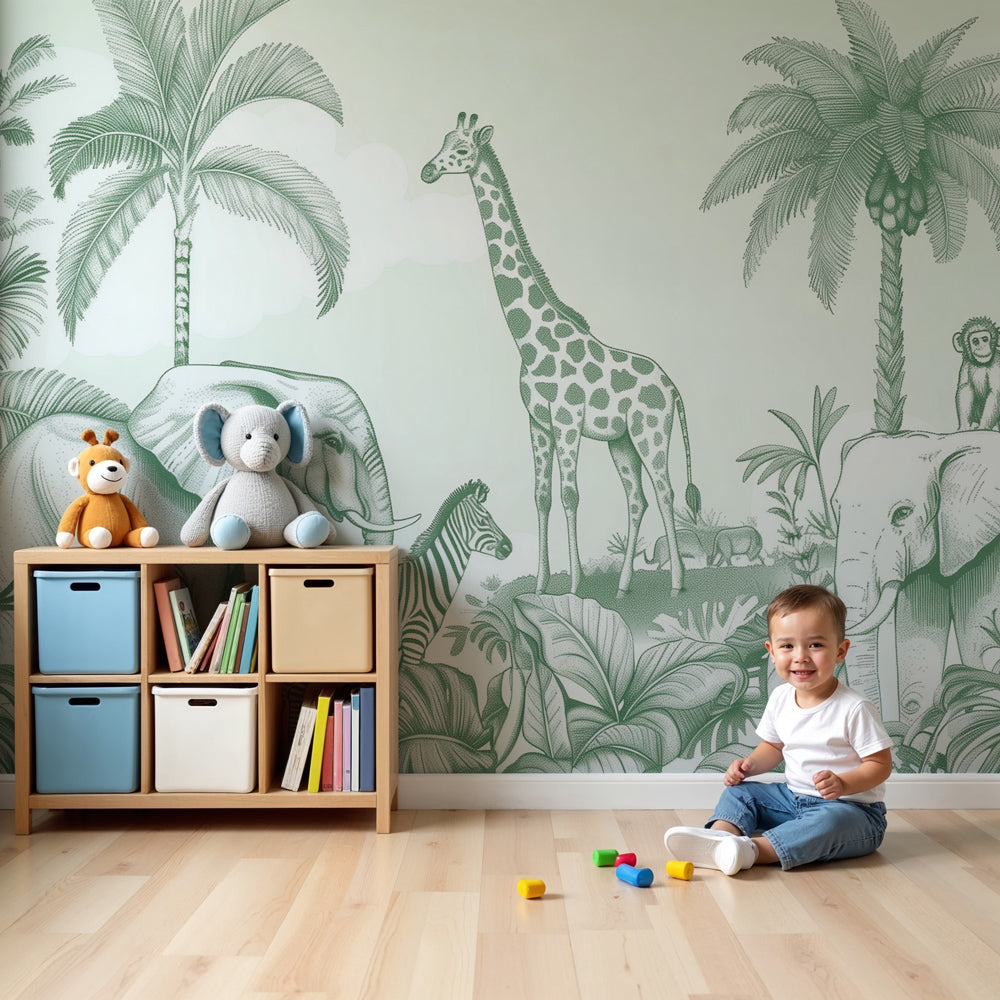 Kids-Mundo green line-art safari wall mural styled in a calm, neutral nursery interior.