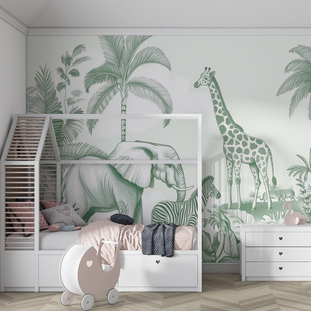 Kids-Mundo green line-art safari wall mural brightening a playful children's playroom wall.