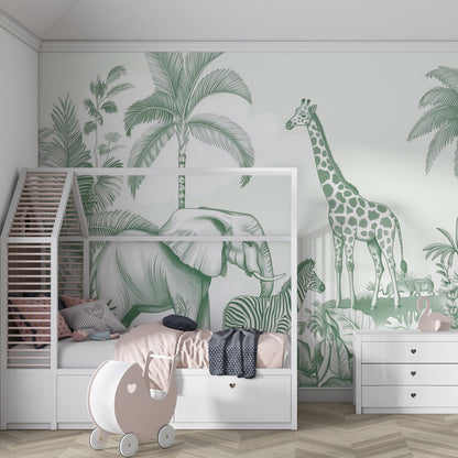 Kids-Mundo green line-art safari wall mural brightening a playful children's playroom wall.