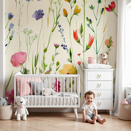 Kids-Mundo green meadow wildflower wall mural made to measure in a calm nursery
