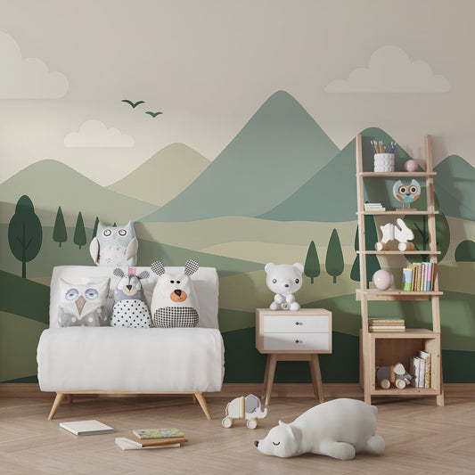 Kids-Mundo minimalist mountain wall mural styling a calm, nature-inspired bedroom.