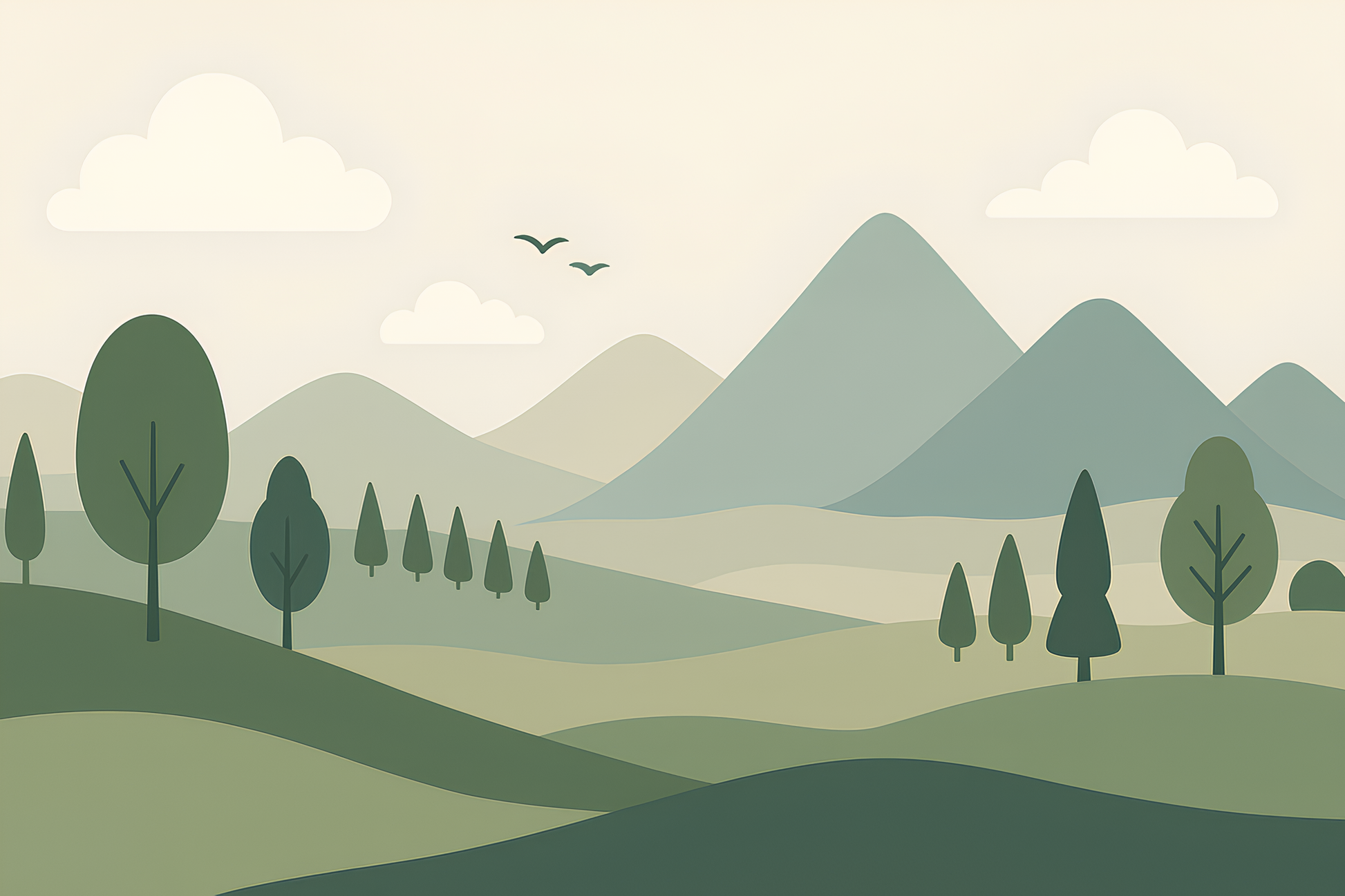 Kids-Mundo flat artwork of layered sage-green mountains, rolling hills and trees.