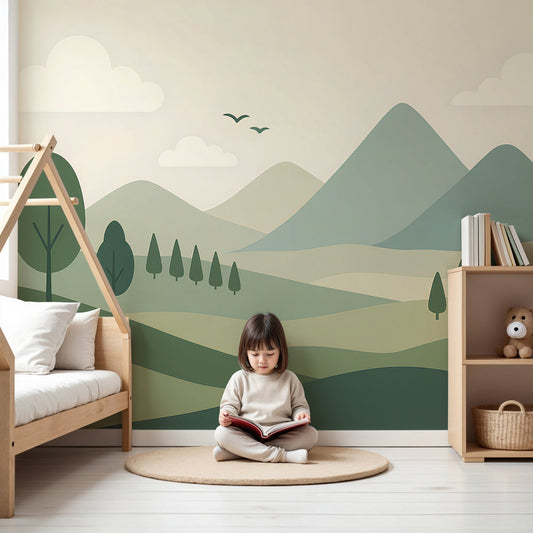 Kids-Mundo green mountain wall mural bringing calm nature tones to a soft nursery.