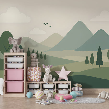 Kids-Mundo layered mountain wall mural adding a peaceful backdrop to a playroom.